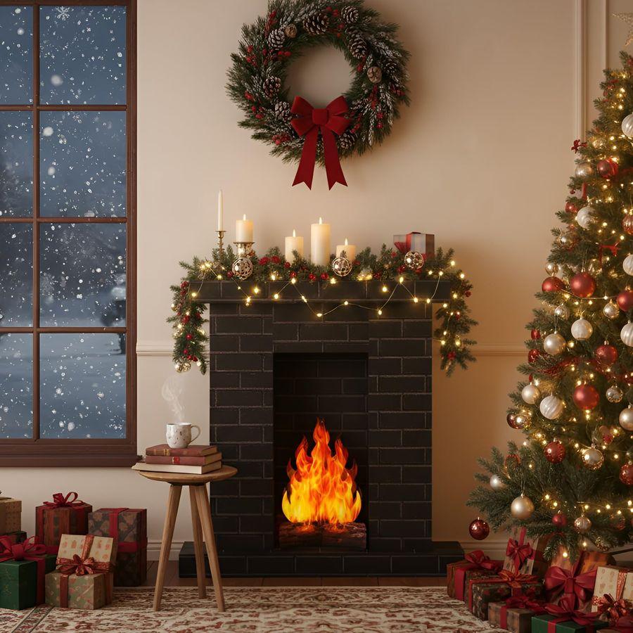 Set Christmas Corrugated Fireplace 35.5 X 29 X 8 Inch Cardboard Fireplace with 3D Fire Flame Prop 3D Life Size Cardboard Cutout
