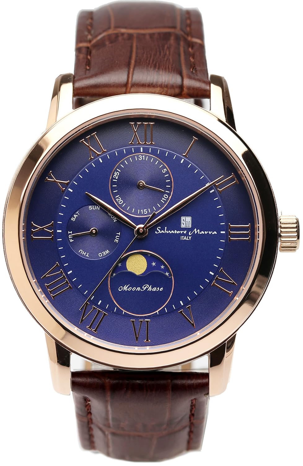 

Наручные часы Фаза Луны Водонепроницаемость 5 АТМ Деловые Формальные Кожаный Ремешок Лимитированная Серия Розовое Золото Синий Коричневый Кожа [Salvatore Marra]