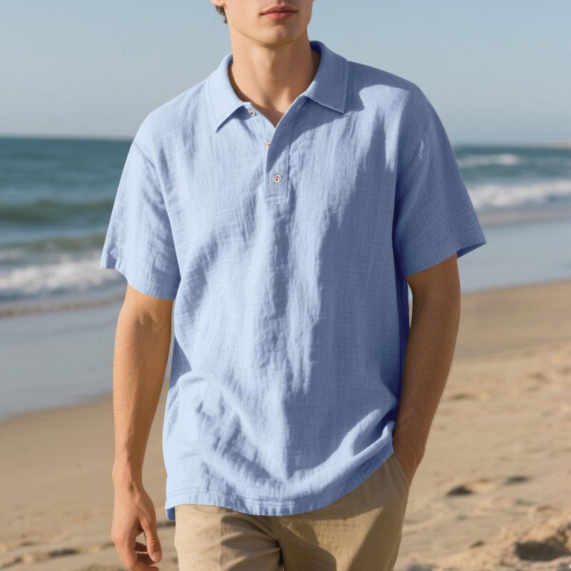 Men's Summer Half-Button Lapel Solid Color Loose Breathable Casual Short Sleeve Shirt
