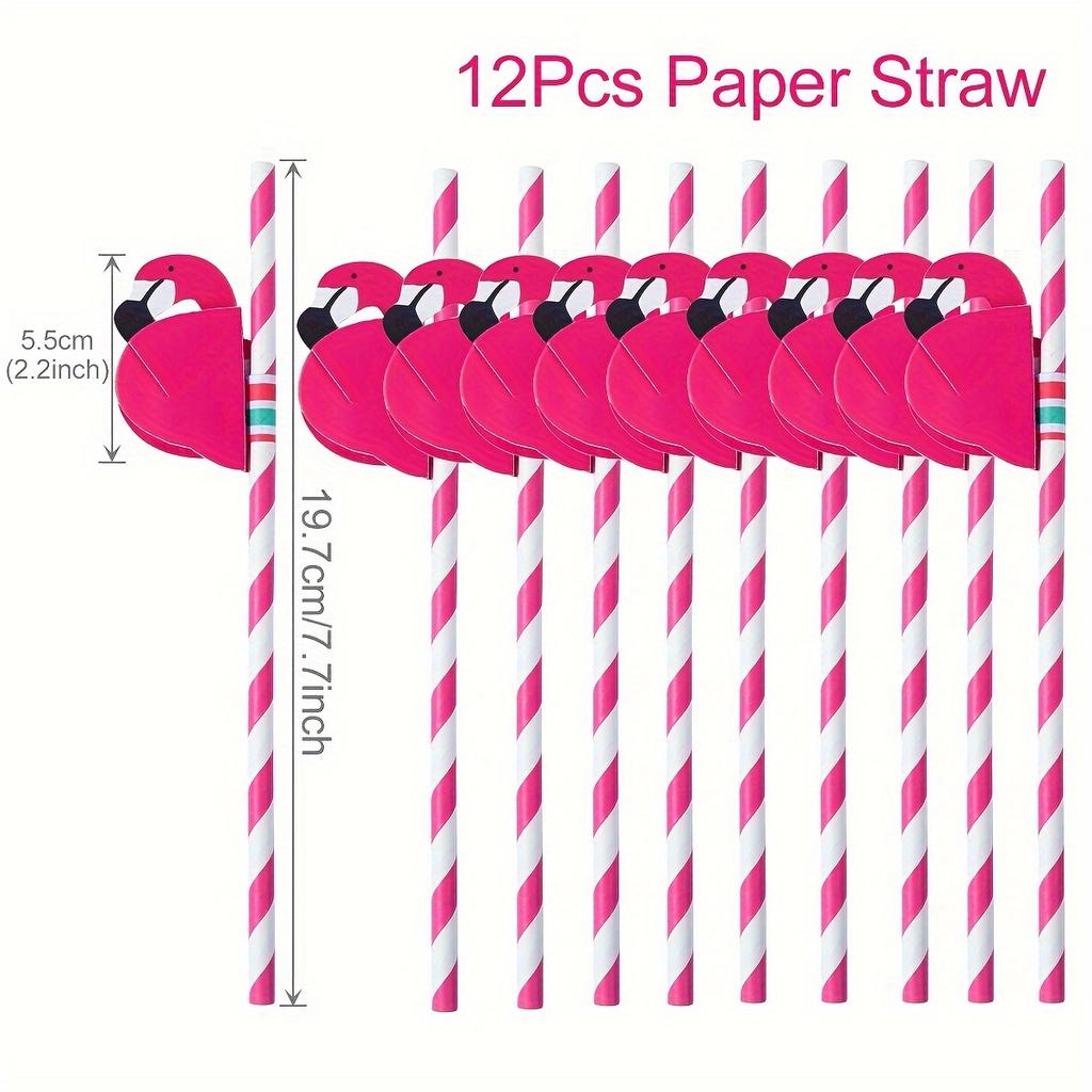 12pcs, Pink Flamingo Paper Straws, Summer Hawaii Aloha Party Supplies Tableware, Hawaiian Party Decorations Birthday Wedding Paper Drinking Straws