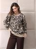 Women's Autumn and Winter Leopard Print Jacquard Crew Neck Knitted Sweater Loose Shoulder Lantern Sleeve Casual Pullover