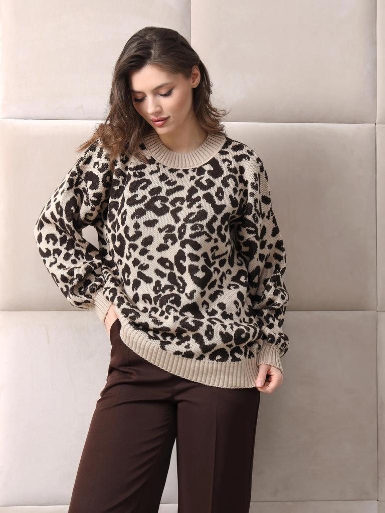 Women's Autumn and Winter Leopard Print Jacquard Crew Neck Knitted Sweater Loose Shoulder Lantern Sleeve Casual Pullover