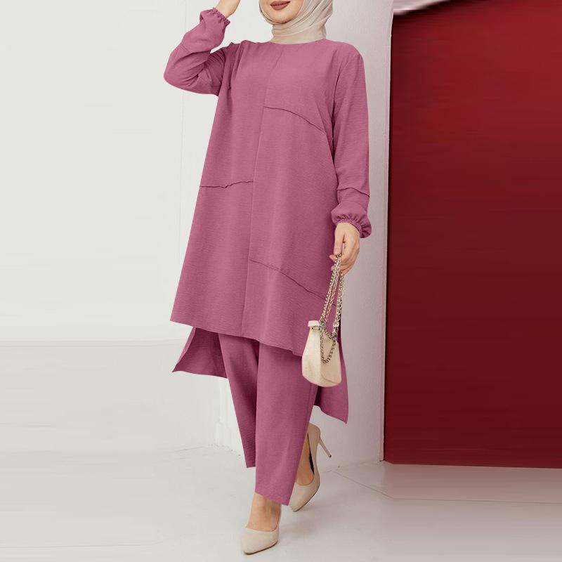 Muslim Women's Urban Sportswear: Elegant Puff Sleeve Shirt & Wide Leg Pants Set