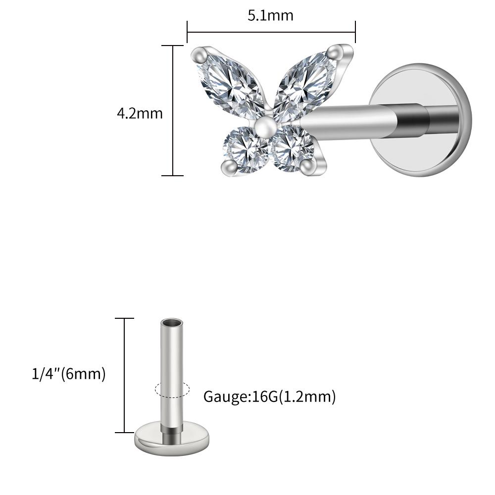 Right Grand ASTM F136 Titanium 16G Mini Butterfly CZ Labret Tragus Cartilage Conch Forward Helix Stud Nose Piercing Body Jewelry