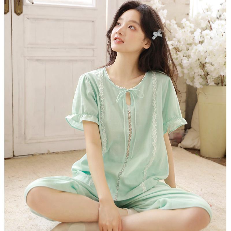 Summer Pajamas Women's Pure Cotton Cotton Yarn Women's Round Neck French Sweet Short-sleeved Loose Wearable Loungewear Set 11