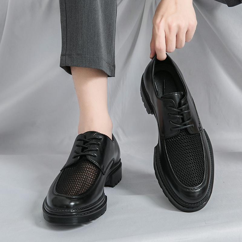 Men's Plus Size Brogue Leather Shoes with Thick Sole, Height Increasing Design, British Style, Hollowed-out, Casual Suit Shoes