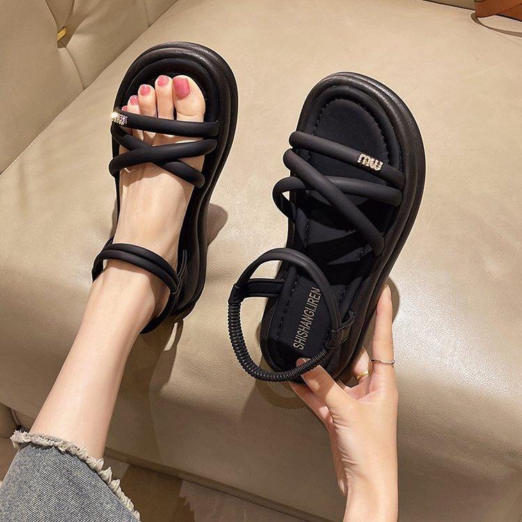 Fairy Wind Sandals Girl 2025 Summer New Korean Version Muffin Thick Sole Simple Thin Band Elastic Band Roman Sandals Woman