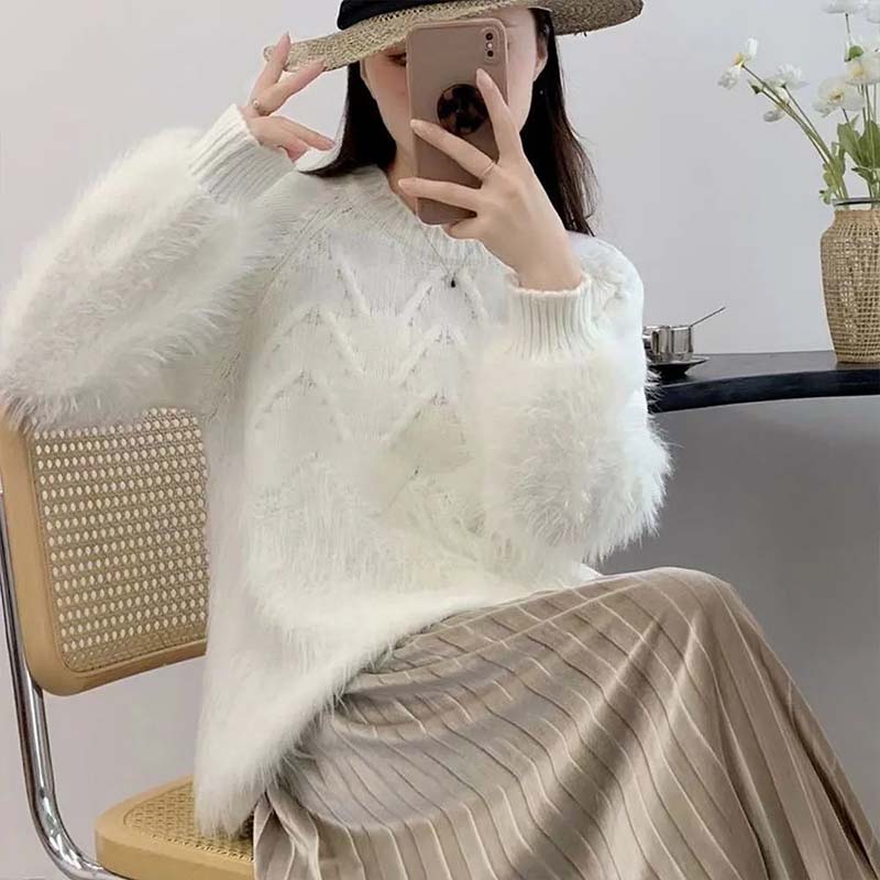 

Светр для жінок Осінь Зима Потовщений Теплий В язаний Еластичний З довгим рукавом Топи S білий