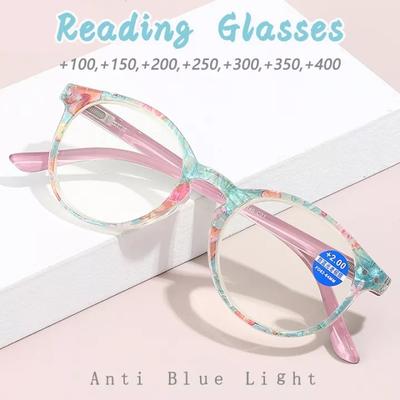 Damen Lesebrille Mode Ultraleichtes Rundes Gestell Computerbrille Weiblich Blaulichtfilter Weitsichtigkeitsbrille +1.0 Bis +4.0