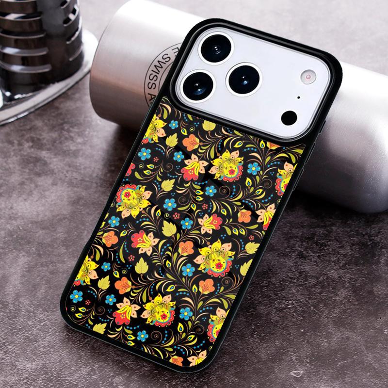 Khokhloma Russian Pattern Flower Phone Case for iPhone 17 16 15 Pro Max Air 14 13 12 11 Plus Shockproof Cover