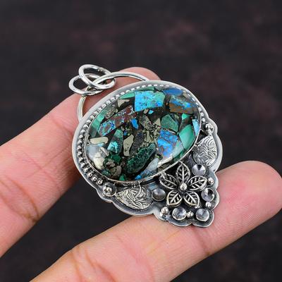 תליון נחושת Azurite מלאכיט תכשיטי אבן חן טבעית תליון כסף סטרלינג 925 תליון בעבודת יד עיצוב ייחודי תליון תכשיטי פרחים למתנה