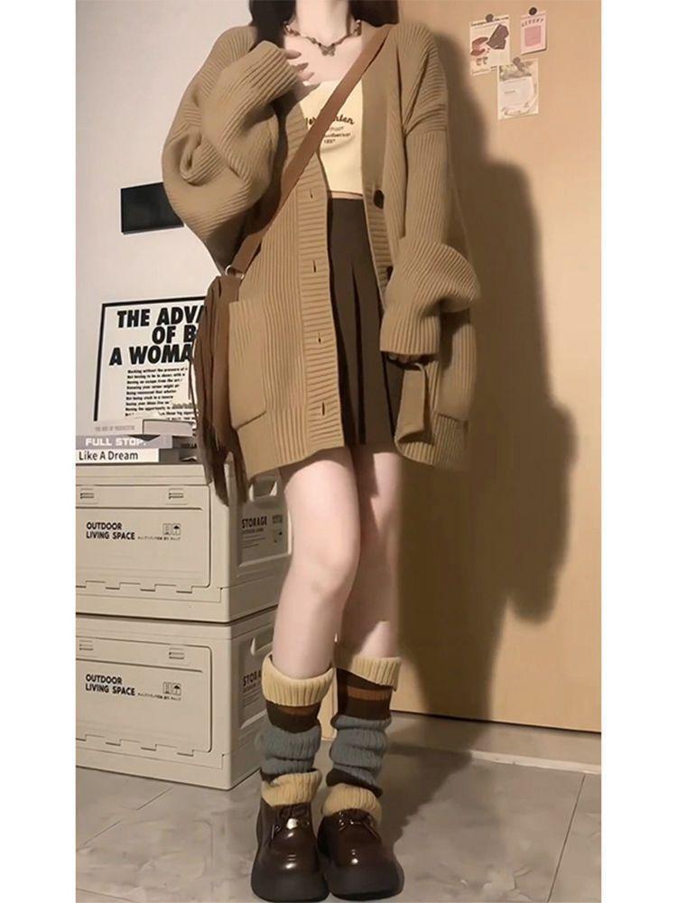 2025 Women's Retro Korean-Japanese Knit Cardigan - Autumn/Winter Lazy Style Sweater Jacket