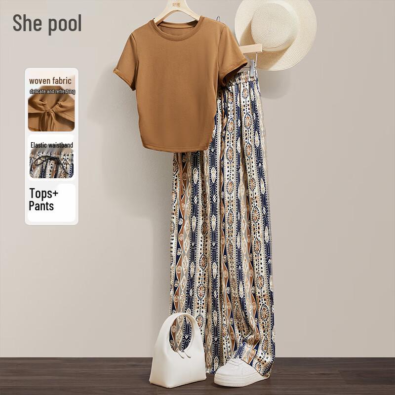

Women s Round Neck T-shirt & Printed Wide-Leg Pants Set S