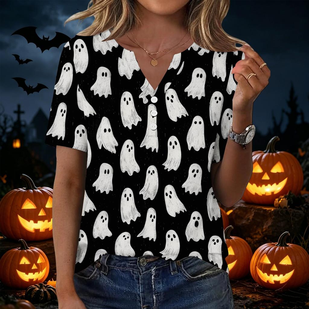 Women's Halloween Print Loose Fit V Neck Short Sleeve Top with Button Detail and Front Pocket Casual Blouse for Seasonal Wear