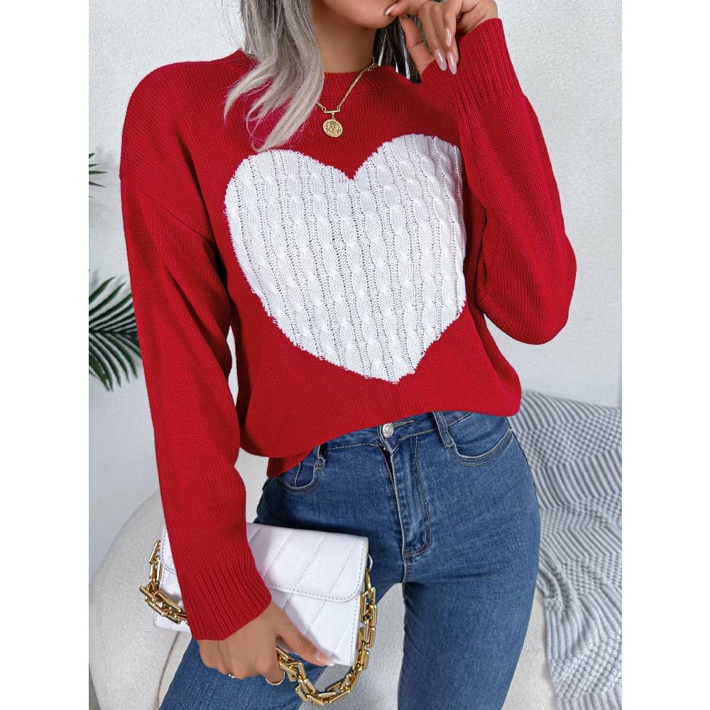 Women's Sweatshirt Autumn/Winter Cable-Knit Heart-Pattern Long-Sleeved Pullover Valentine's Day Ladies' Knitwear