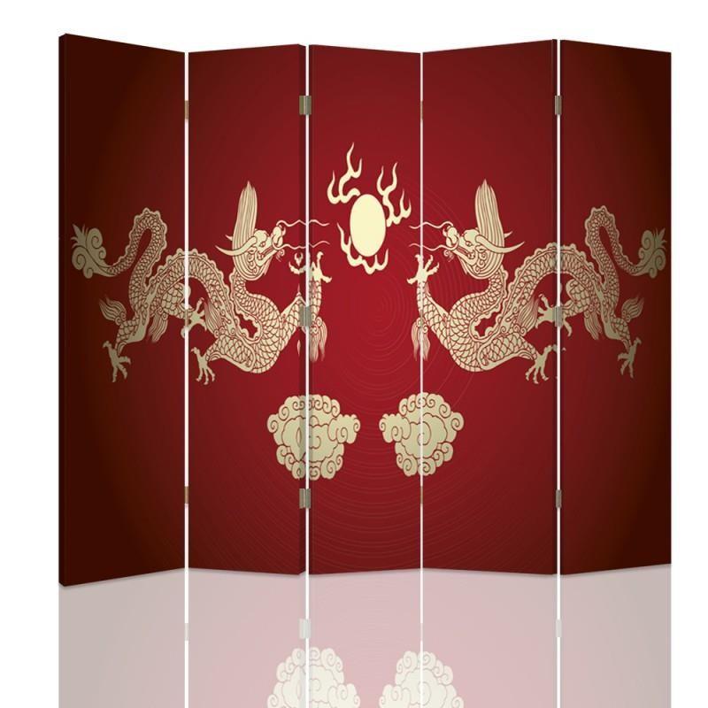 Buy Room Divider Decorative Screen 5 Panels Canvas Two Dragons at