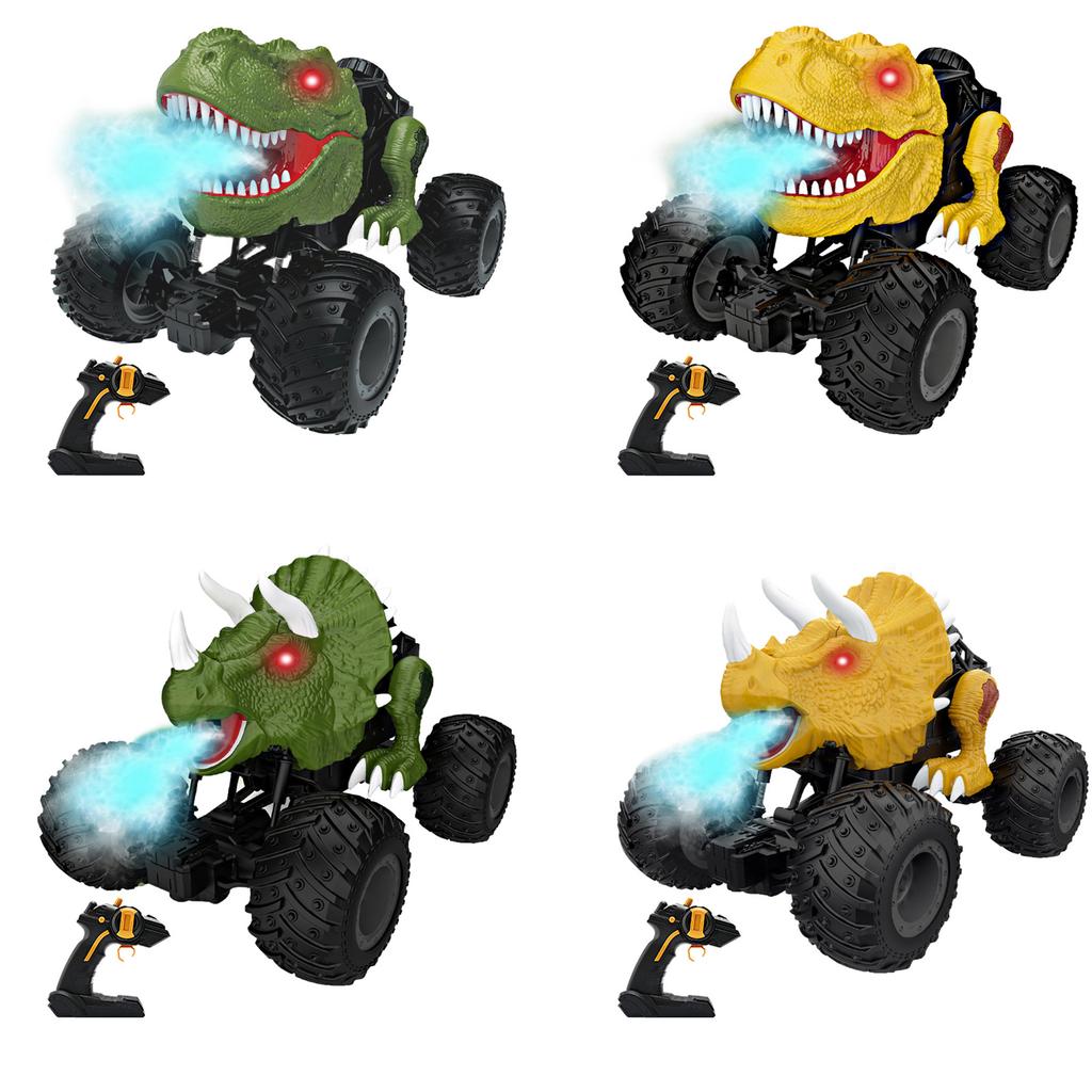 Remote Control Dinosaur Car Triceratops Green RC Stunt Car Toy with Spray and Light