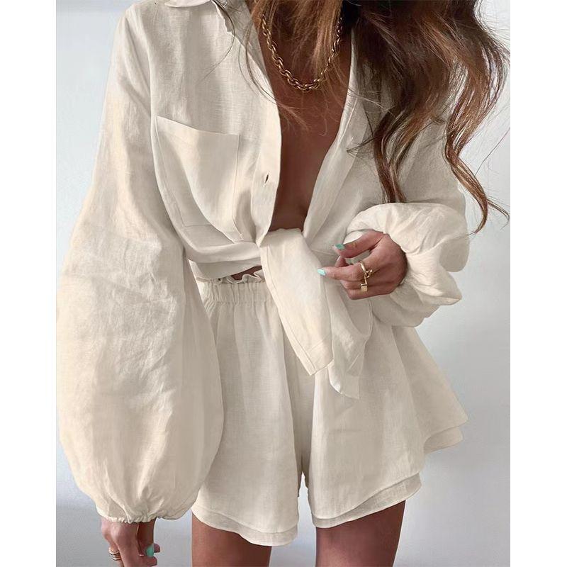 Fashion Shirt Ruffles Shorts Two-piece Set Casual Fashion Set Shirt Ruffle Shorts Set