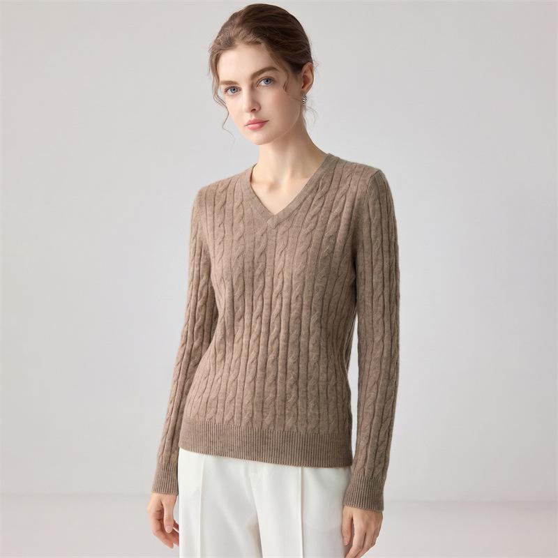 Lekasha Women's Cashmere V-Neck Cable Knit Sweater - Korean Style, Autumn/Winter, Solid Color Pullover