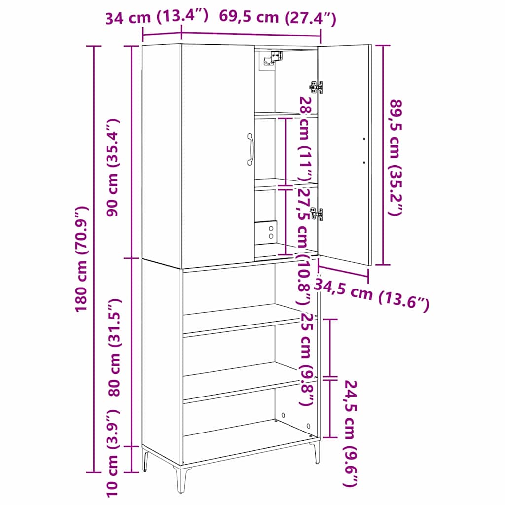 Highboard Artisan Oak 69.5 x 34 x 180 cm Particleboard