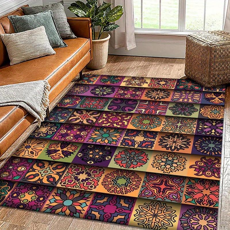 Bohemian Patchwork Printed Polyester Chair Mat, Non-Slip Water Absorbent Floor Rug, Large Area  Crystal Velvet for Home