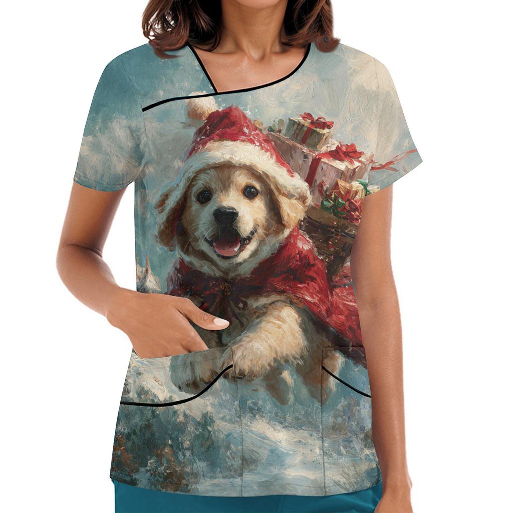 Women's Printed Work Clothes, Sloping Collar And Double Layer Pockets, Basic Top Pullover