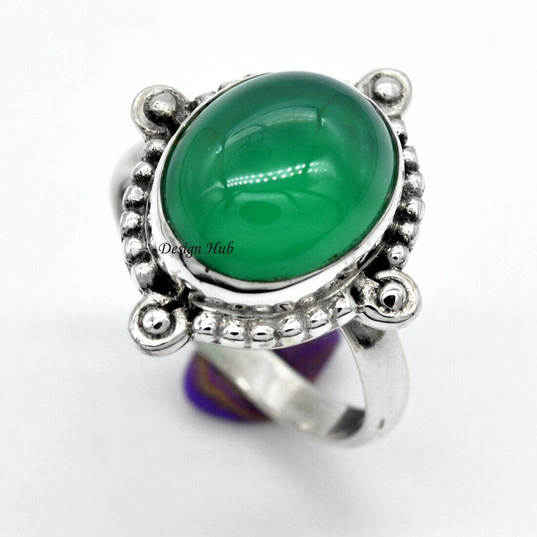 Bague En Argent 925 Plaqué Avec Onyx Vert - Taille 7, Réglable, Faite Main, Inde, Neuf Sans Emballage