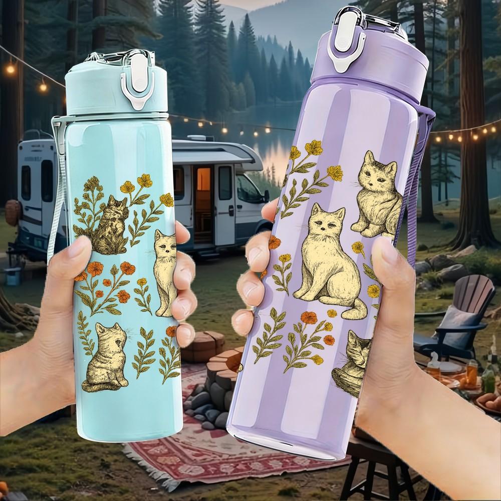 1PC Multiple Cat Collection Print 750ml Color Plastic Sports Water Bottle Leakproof Flip Straw Lid Suitable for Sports Office Home Use