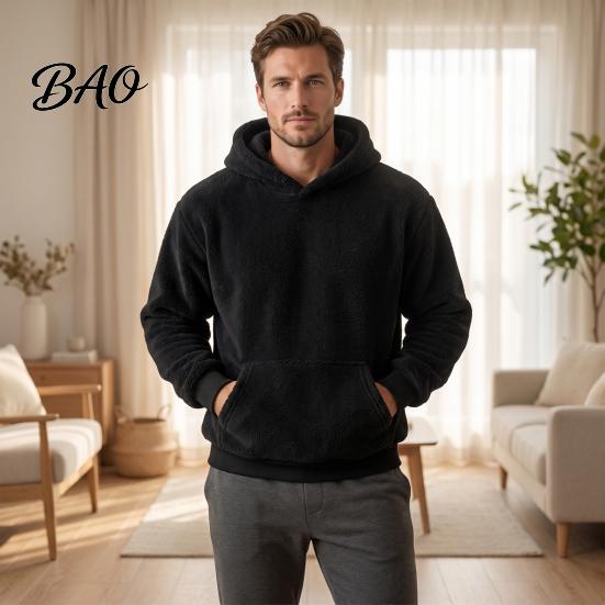 Long Sleeve Warm Pullover Men Plush Hoodie, Teddy Fleece Sweatshirt with Kangaroo Pocket, Loose Mens Hoodie Fit Fuzzy Winter Jumper for Street Casual