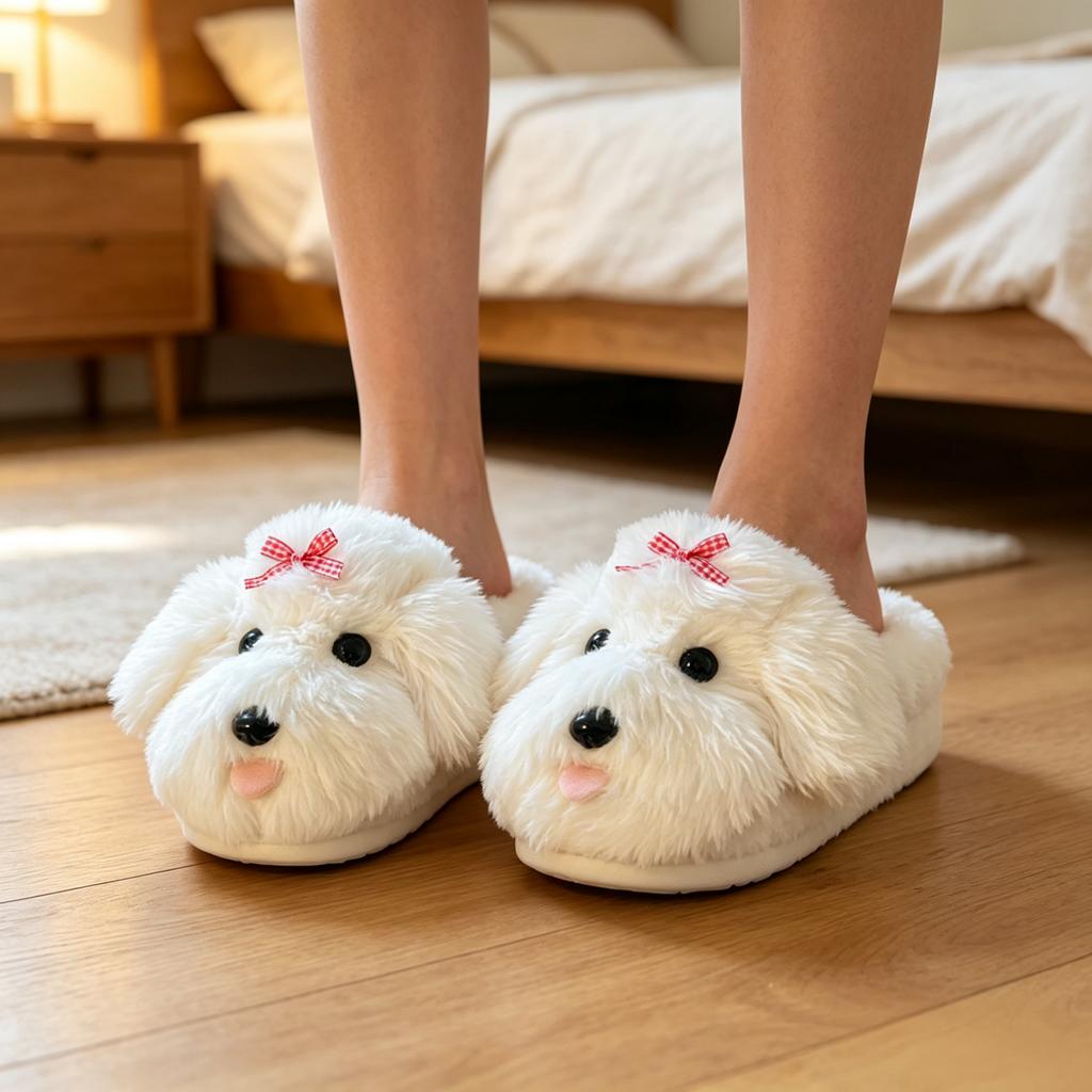 Cozy Puppy Print Cotton House Slippers with Back for Indoor Home Use