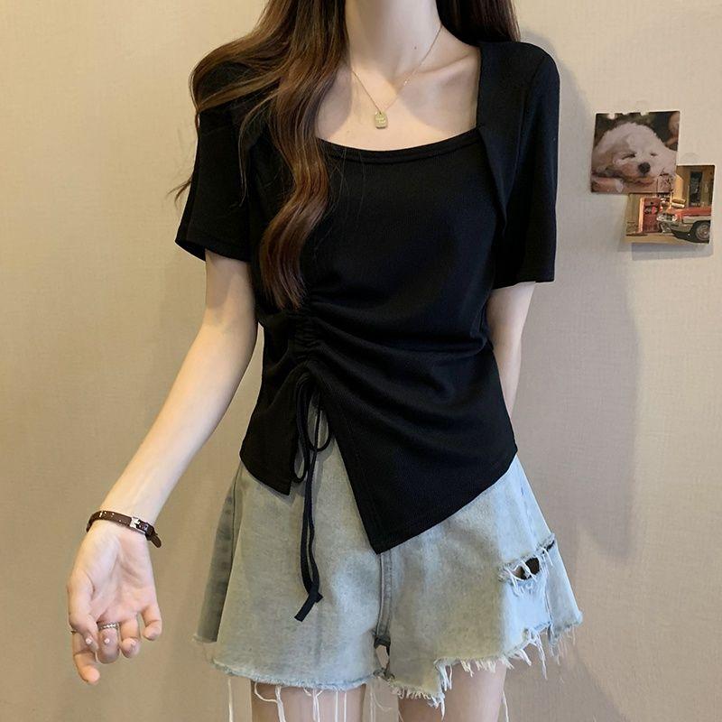 Pink Square Neck Short Sleeve T-shirt Pure Lust Spicy Girl Pleated Design Women Slim Top Casual Solid Color Korean Fashion