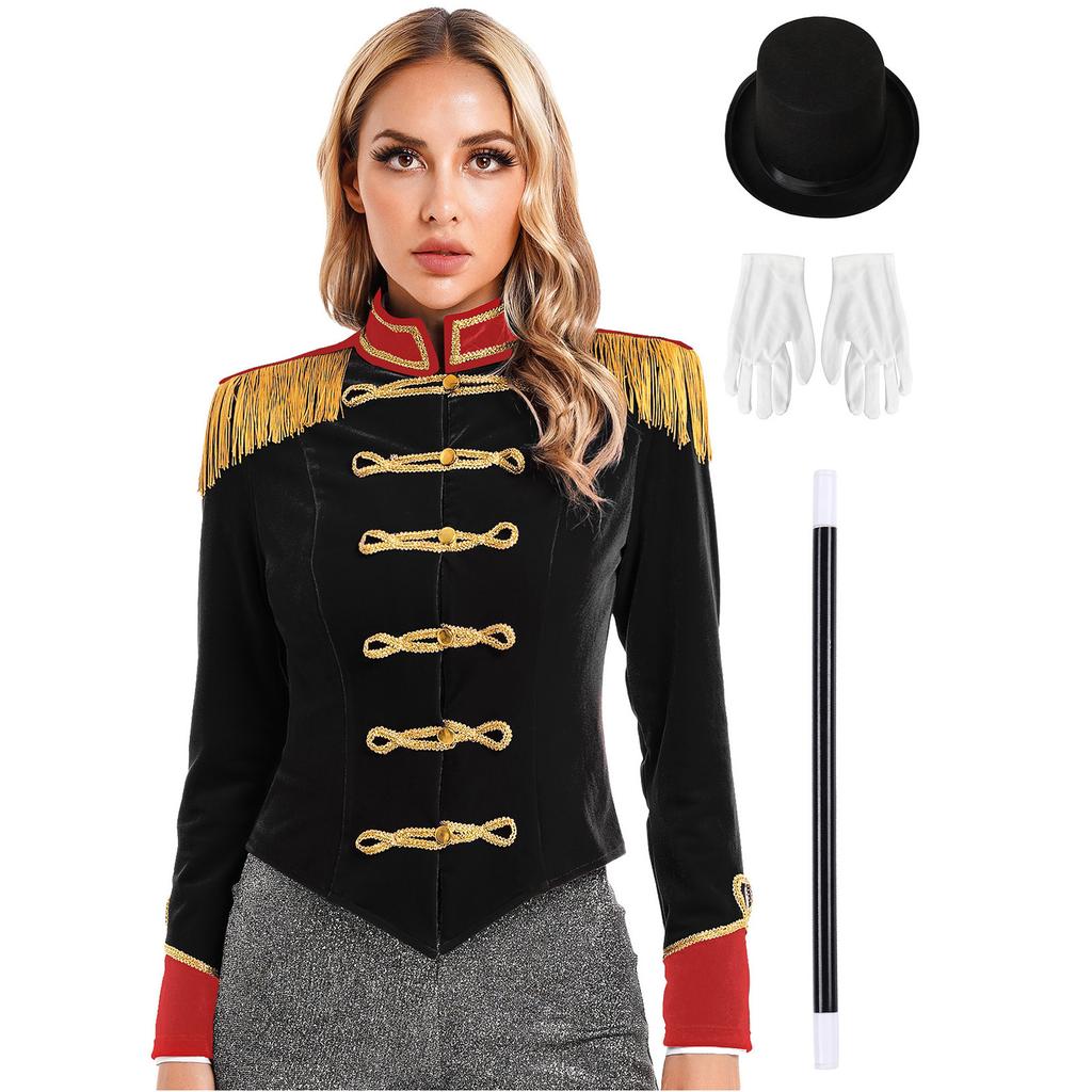 Women Ringmaster Costume Long Sleeve Jacket Stand Collar Fringe Shoulder Boards Golden Trim Hat Gloves Magic Set