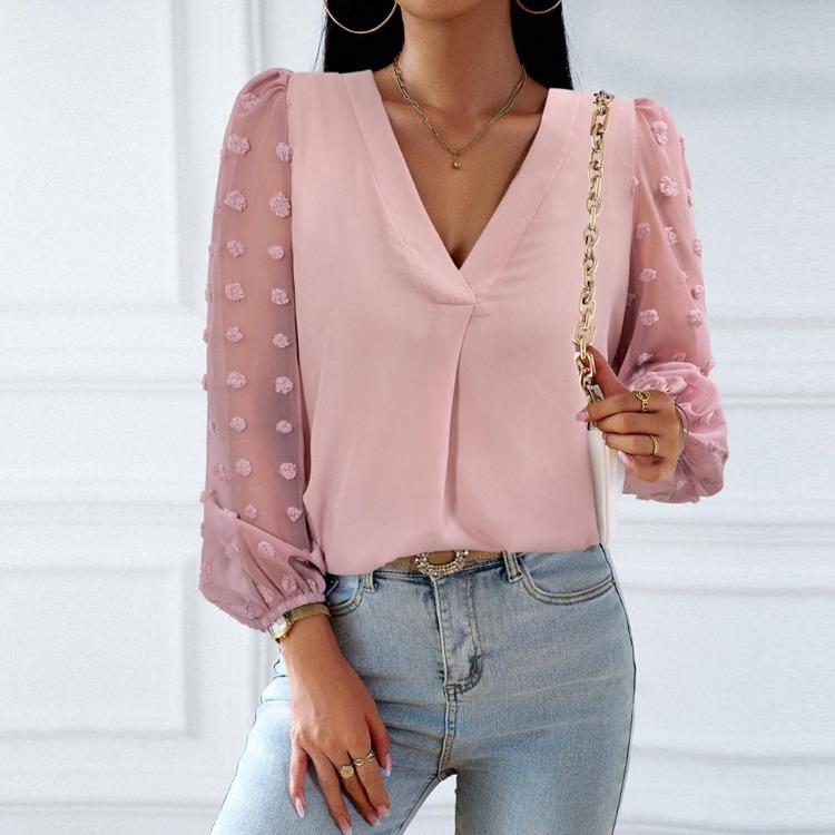 Elegantní podzimní ležérní dámská halenka s dlouhým rukávem, výstřihem do V, jednobarevná, volná, pro dojíždění