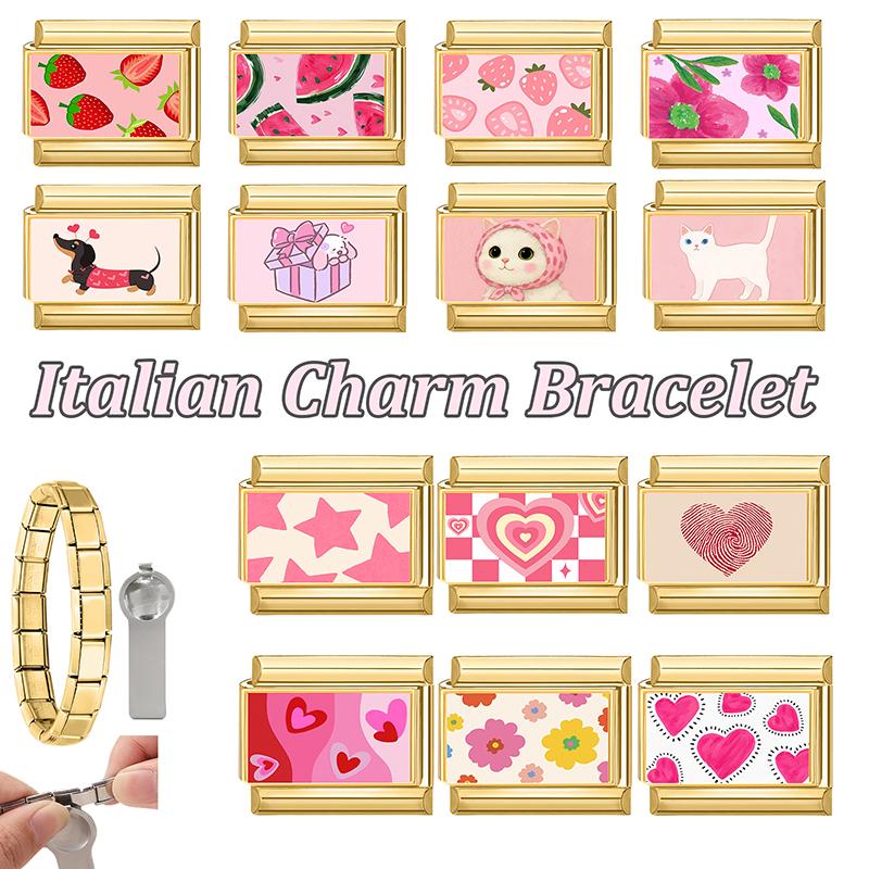 Vintage Pink Strawberry Watermelon Cat Dog Star Butterfly Golden Charm Links 9MM Stainless Steel Bracelet DIY Making Jewelry