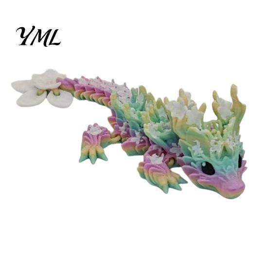 Mythical Creature Desk Decoration Cherry Blossom Dragon Figurine with Movable Joints, 3D Printed Fidget Toy Flower Toy, Articulated Model Decor Animal