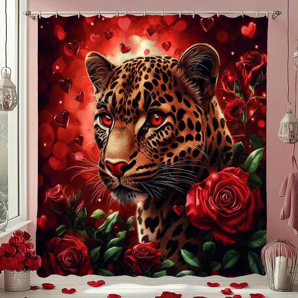 Red Rose Flowers Leopard Pattern Shower Curtain, Bathroom Decorative Shower Curtain, Waterproof Shower Curtain With Hooks