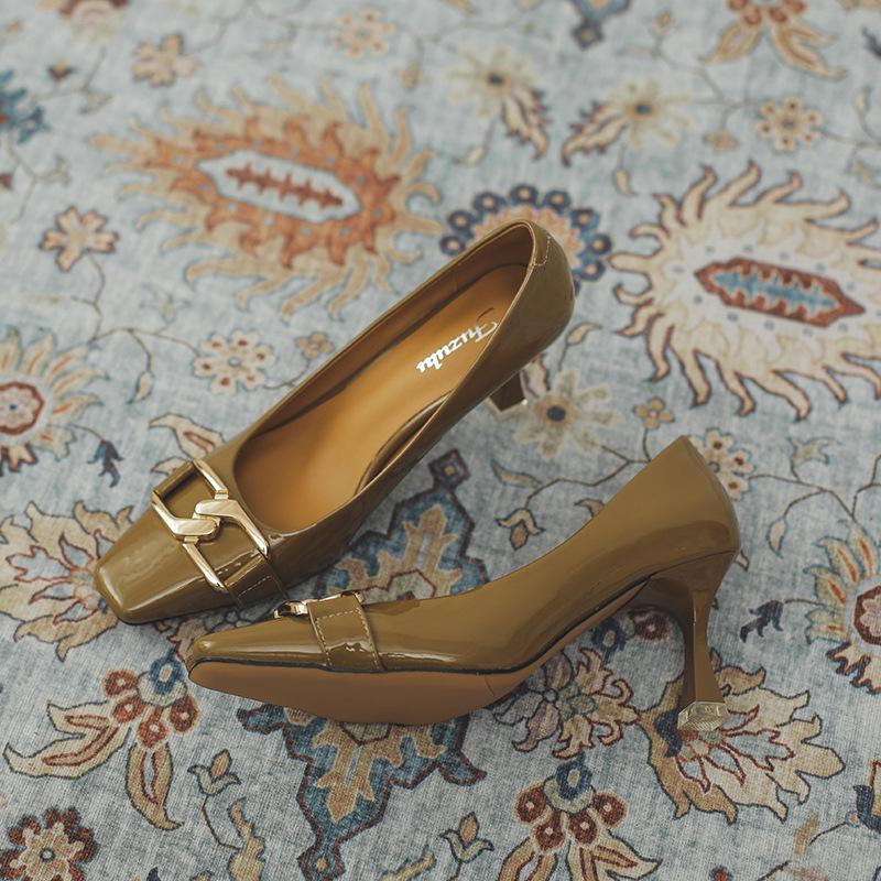 Fashion Patent Leather Square Toe Women Pumps Metal Chain Shallow Slip on Thin High Heels Party Office Pumps Autumn Fashion Work Shoes