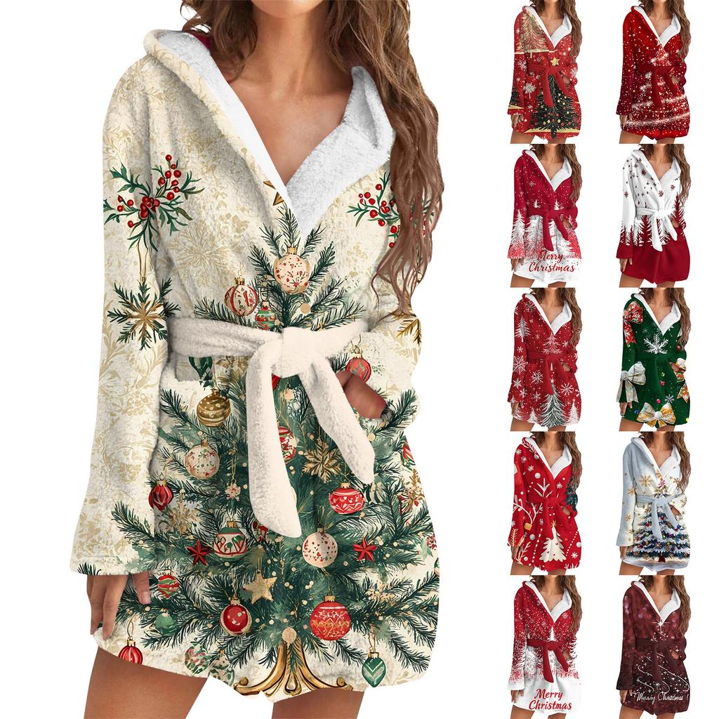 Women's Long-sleeved Fall And Winter Warm Bathrobe Home Clothing Plush Christmas Printing Pajamas Robe