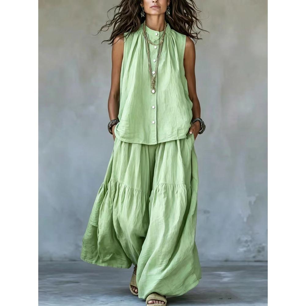 Completo Casual Estivo da Donna a Due Pezzi: Camicetta Senza Maniche con Bottoni e Pantaloni a Gamba Larga