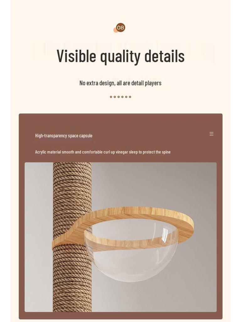 Boden-bis-Decke Katzenkratzbaum mit Raumkapsel & Kratzstamm, Massivholz, Vier Etagen, Katzenkletterspielzeug