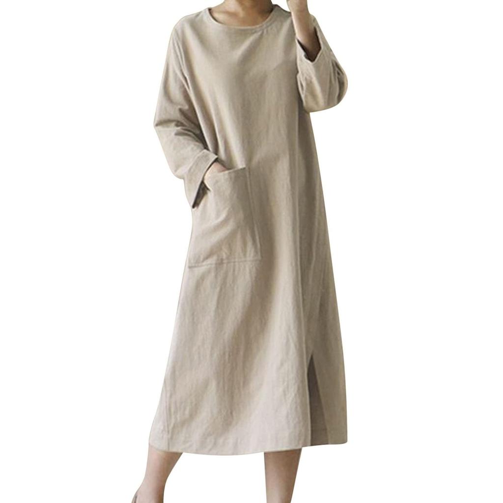 Lässiges, lockeres, langärmeliges Swing-Kleid mit einer Tasche und Rundhalsausschnitt für Damen