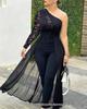 New Plus Size Black One-Shoulder Bodycon Jumpsuit for Women - European & American Style