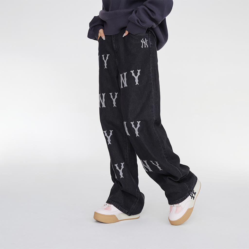 New MLB Wide Leg Jeans Pants Women's Black 3FDPB0534-50BKS