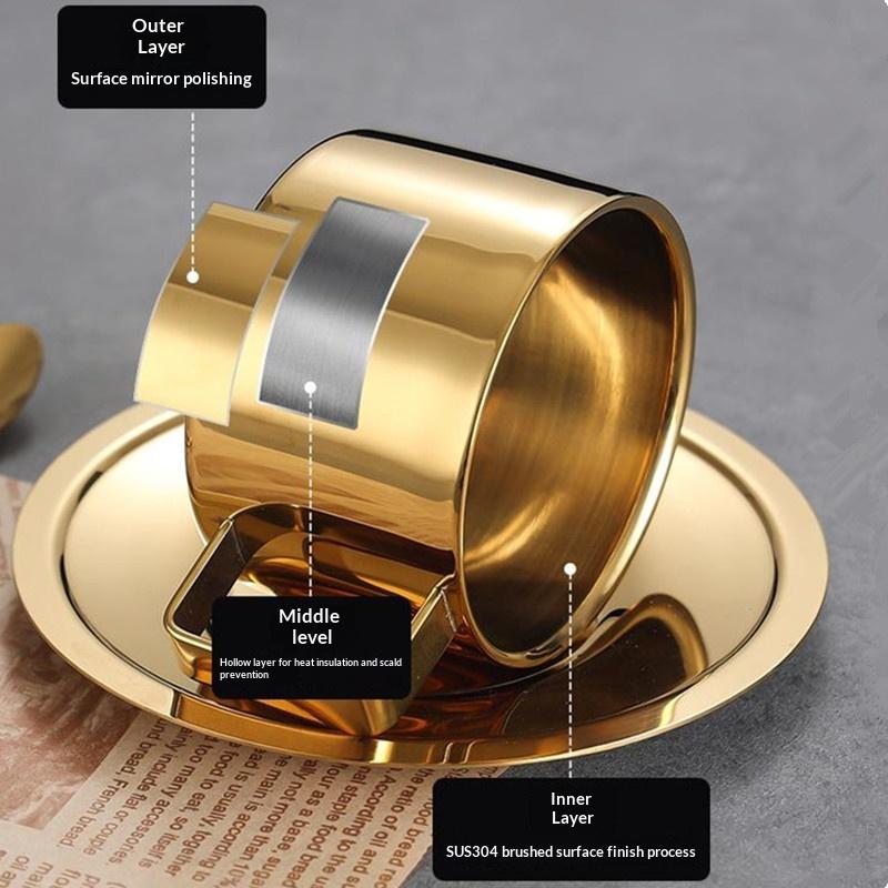 Tasse à café en acier inoxydable 170/200/250/280 ml Tasse à lait et ensemble soucoupe Avec sous-tasse Tapis Cuillère Poignée Facile à nettoyer et réutilisable