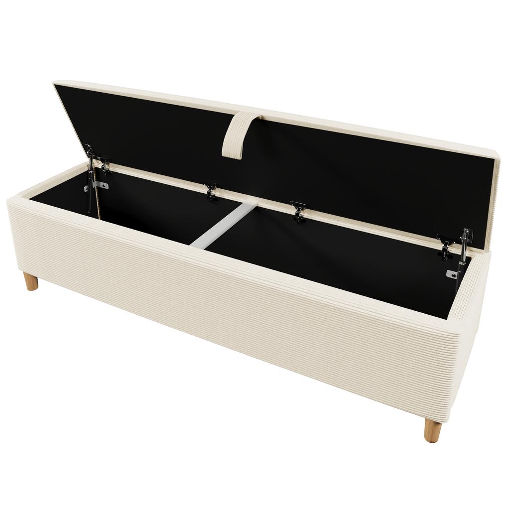 Double Bed Wooden Bed 140×200cm with Bed Bench, Headboard with Storage, LED Lighting and Beige Corduroy Upholstered Backrest, Light Oak (No Mattress)