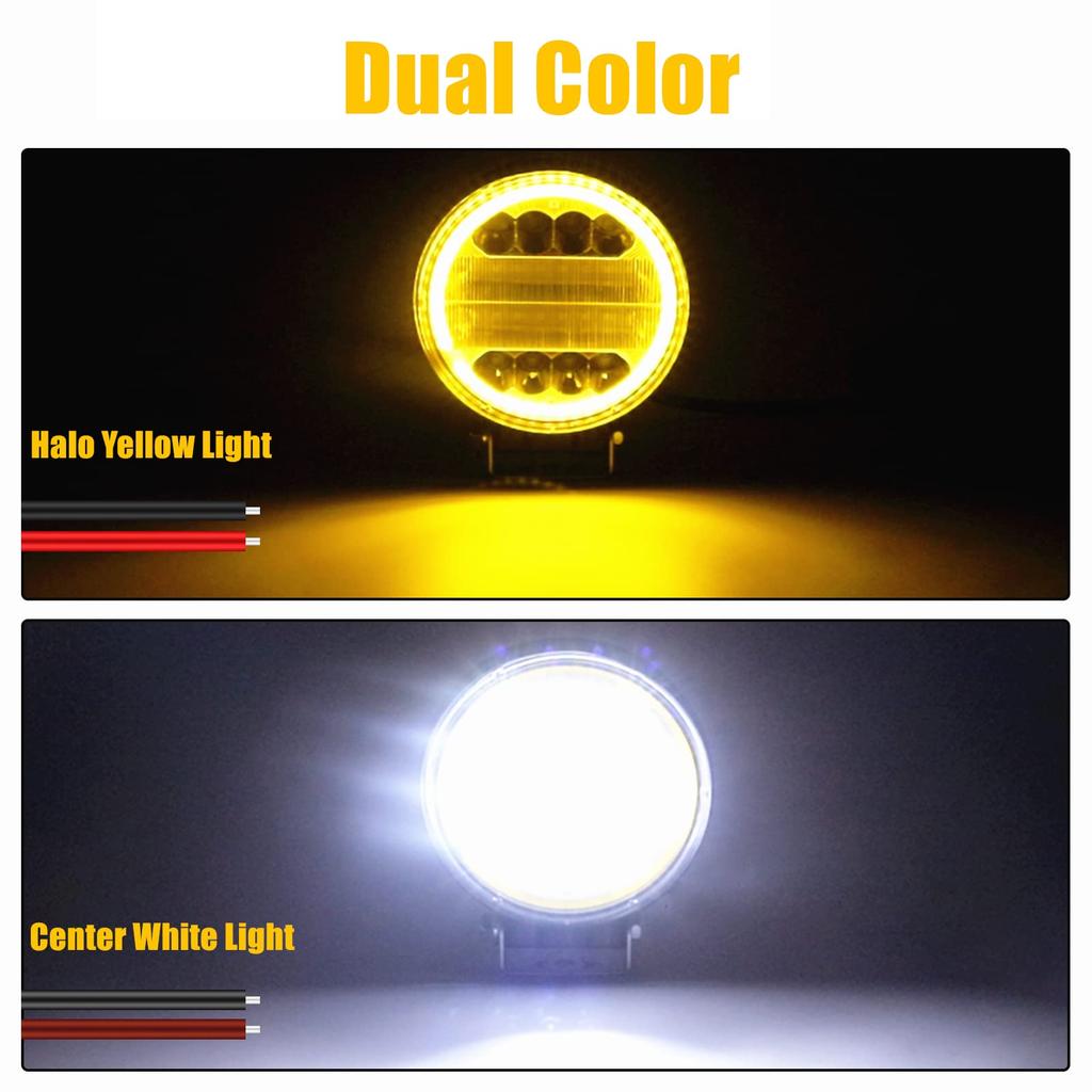 72W LED Work with Yellow Halo Ring Light, 4.5-inch Round, Wide/Narrow Angle, White, 6500K, 12V-80V Compatible, Waterproof, Universal,