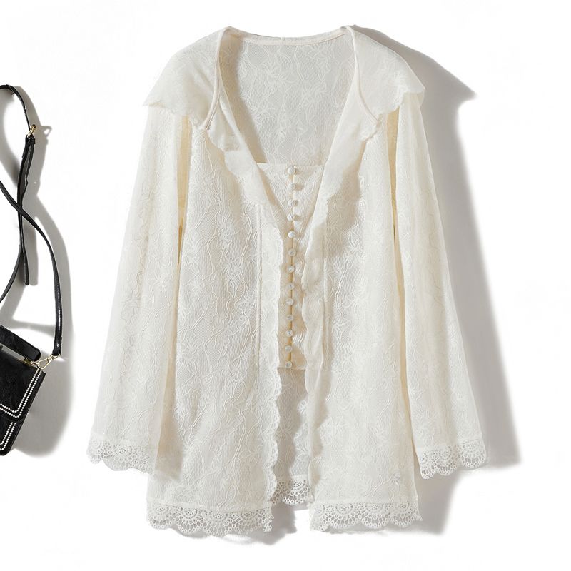 

Hong Kong Single Fashion Girls Hooded Sun-Proof Top! Floral Lace Fake Two-Piece Mid Length Long Length Creamy-white Outwear Show Youth Beige White XL