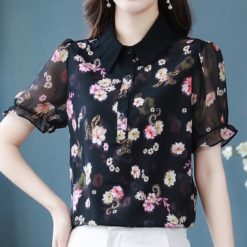 Office Lady Vintage Floral Printing Chiffon Shirt Summer New Polo-Neck Short Sleeve Loose Pullovers Blouse Women's Clothing