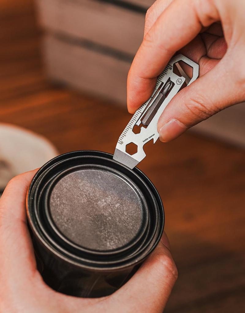 Keyunity KR03 Stainless Steel Pry Bar Multifunctional Tool with Bottle Screw Hex and Ruler Ideal for Outdoor and Emergency - Small, 7-in-1 Opener,