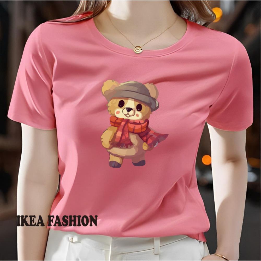 Ladies' casual short sleeved round neck T-shirt - cute cartoon bear pattern printed fashionable